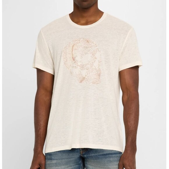 John Varvatos Men's Metallic Embroidered Skull Crew T-Shirt Linen Blend Salt - Picture 1 of 6